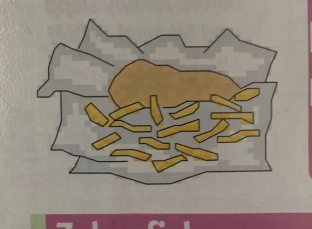 Carta de diseño de punto de cruz de cena de pescado y patatas fritas tamaño pequeño