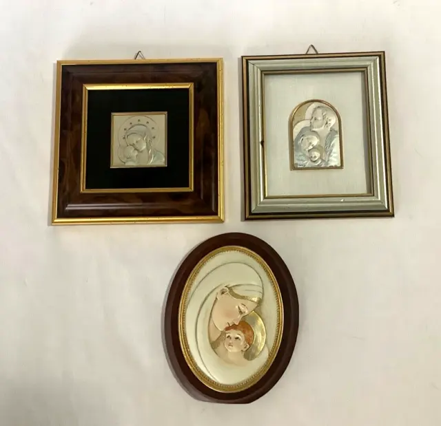 Lot 3 Madonna & Baby Jesus Lastra Argento 925 Silver Italy Wall Plaques Signed