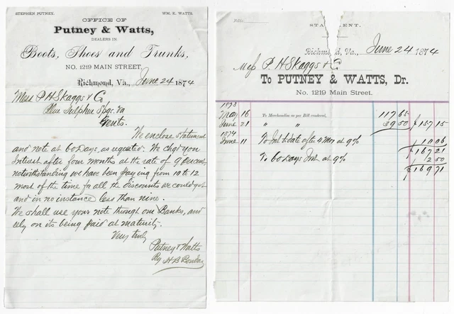 1874 Richmond VA Billhead & Letterhead PUTNEY & WATTS BOOTS, SHOES & TRUNKS