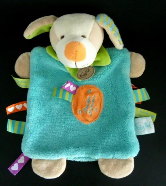 *. Doudou Plat Baby Nat Chien D'amour Bleu Orange Vert Etiquette  Excellent Etat