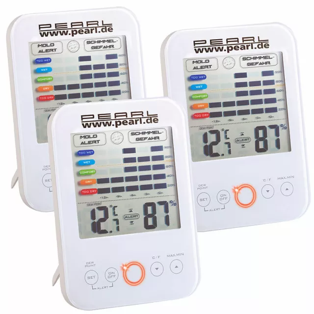 PEARL 3er-Set Digital-Hygrometer/Thermometer mit Schimmel-Alarm, LCD-Display