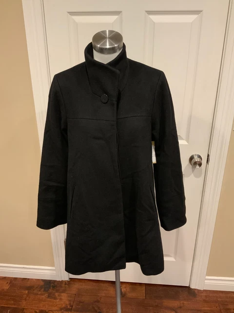 Fleurette Long Black Stand Collar Loro Piana Wool Coat, Size 6