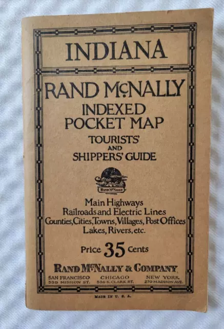 Rare Rand-McNally Indexed Pocket Folding Map and Shippers Guide of Indiana 1925