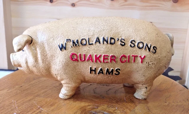 Pig Cast Iron Novelty Money Box Quaker City Hams 8 Inches Long Piggy Bank