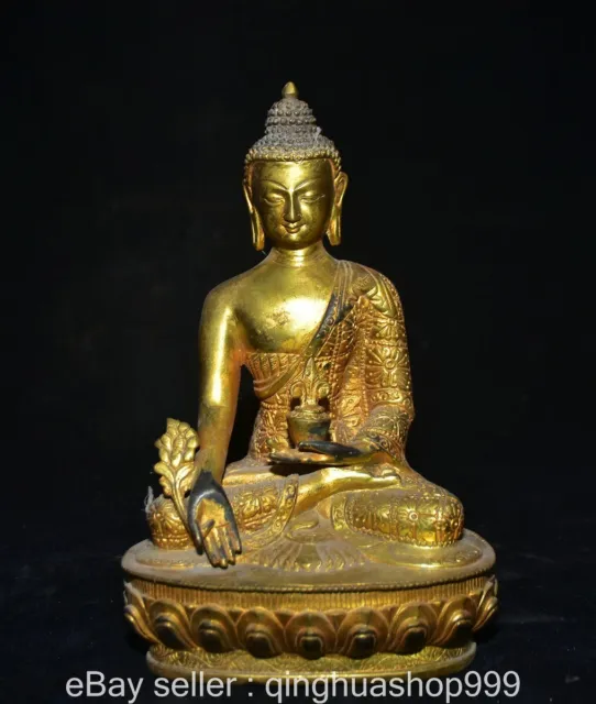 8.4" Chinese Buddhism Bronze Gilt Sit Menla Medicine Buddha Lotus Statue