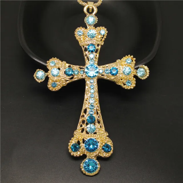 Betsey Johnson Blue Rhinestone Cross Crystal Pendant Women Chain Necklace Gift