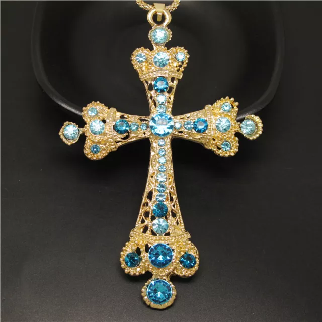 Betsey Johnson Blue Rhinestone Cross Crystal Pendant Women Chain Necklace Gift