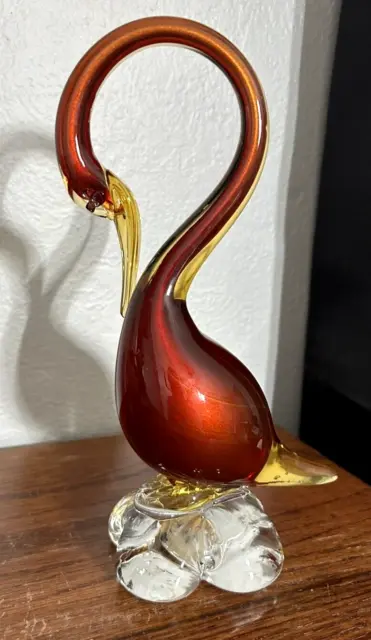 Vintage Murano Italy Blown Glass Swan Bird Figurine Venetian Red, Amber w/ Label