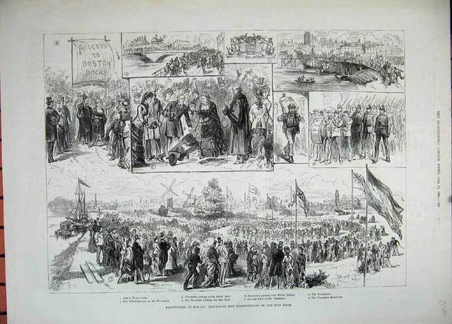 Old Antique Print 1882 Festivities Boston Dock Mount Bridge Wheel-Barrow 19th