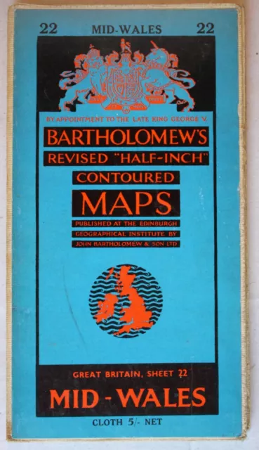 Bartholomew's Half Inch Contoured Map Sheet 22 Mid-Wales On Cloth 1958