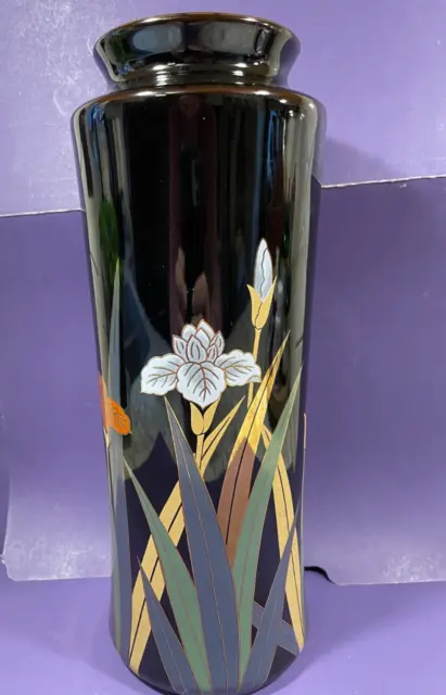 OTAGIRI Japan Vintage Vase Black Porcelain Crown Iris Floral 11"