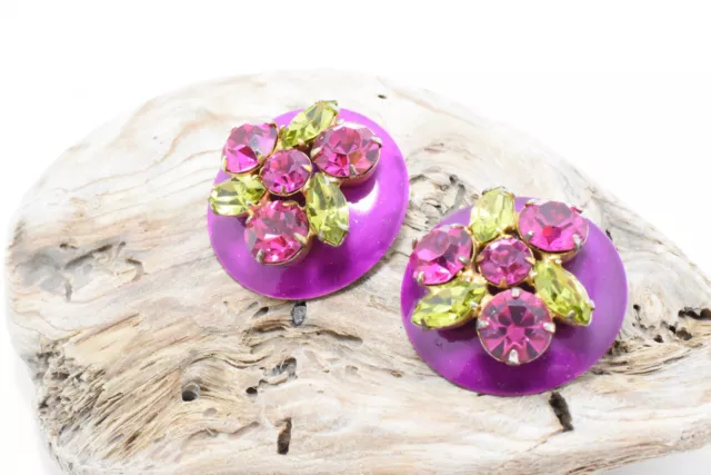 Vintage Juliana Watermelon Crystal Circular Disc Earrings Pink & Lime Green