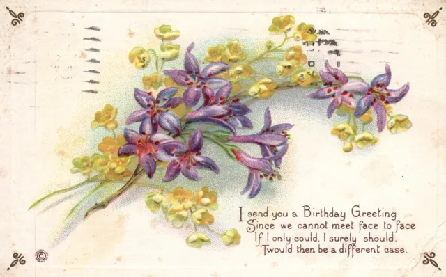 Vintage Postcard 1921 Birthday Greeting Bunch Of Flowers Yellow And Purple Petal