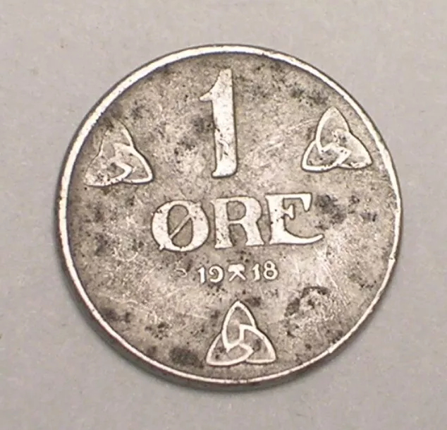 1918 Norway Norwegian One 1 Ore Crowned Monogram WWI Era Iron Coin Bent
