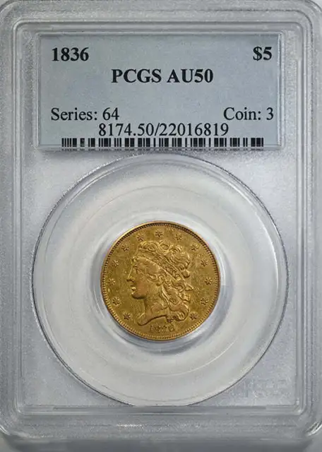 1836 Classic Head Gold Half Eagle $5 PCGS AU50