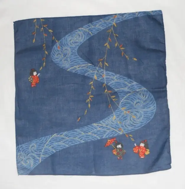 Oriental Girls Print Scarf Handkerchief - Blue 16" square - Unbranded