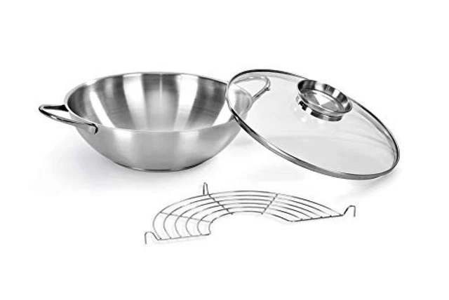 (TG. 1) Wok acciaio inox 18/10, ø28cm, capacit  3.75lt, coperchio con polomo ar