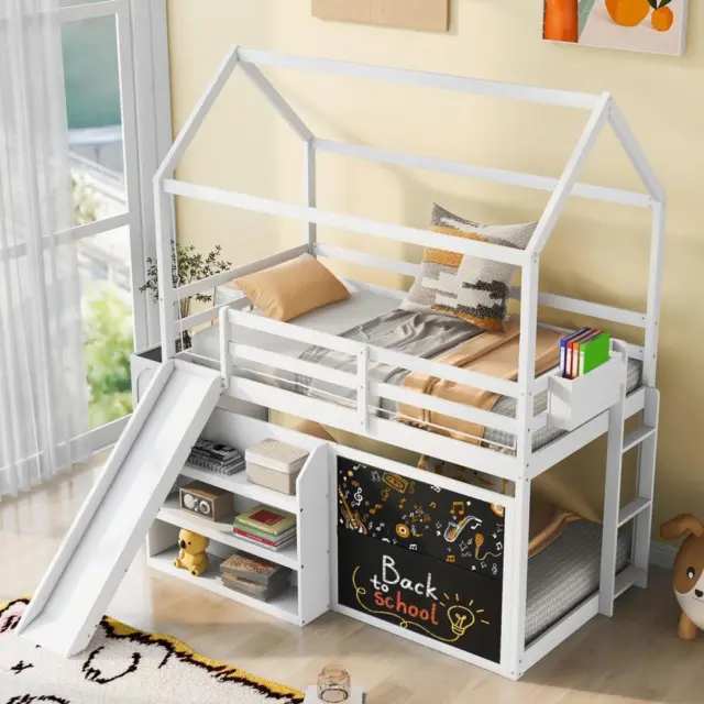 High Quality Twin over Twin House Bunk Bed with Blue Tent Slide Shelves New Styl