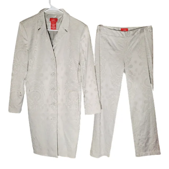 Oscar by Oscar De La Renta Silver Textured Trench Coat(10) Pants(6) belted gray