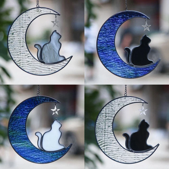 Decorazione gatto vetro colorato decorazione luna finestra da appendere ornamento giardino NUOVO Y4W8