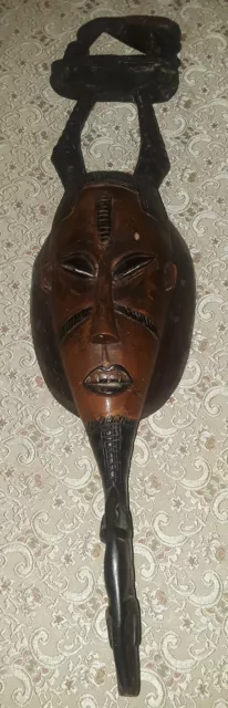 Antique African 31"  Hand Carved Wood Mask hang on the wall