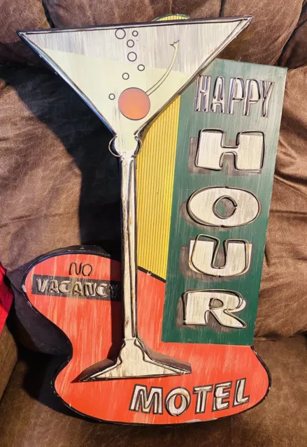 Vintage Happy Hour Hotel Martini No Vacancy Wood & Metal Bar Sign 21” Tall