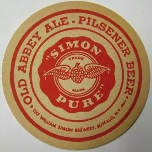 SIMON PURE OLD ABBEY ALE BEER Coaster MAT, Buffalo, NEW YORK, Flying Hops CLOSED