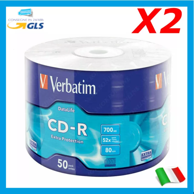 100 CD -R VERBATIM VERGINI VUOTI 52X 700MB PER AUDIO DATI VIDEO GAMES 43787 80mn