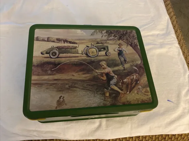 John Deere Tractor Father Son & Dog LUNCHTIME Tin Litho Metal Lunchbox Farm