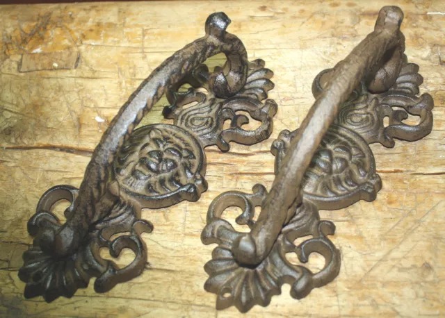 2 HUGE Cast Iron Antique Style LION HEAD Barn Handle Gate Pull Door Handles