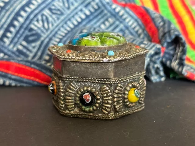 Old Tibetan Silver Pill Box with Local Stones …beautiful collection and display