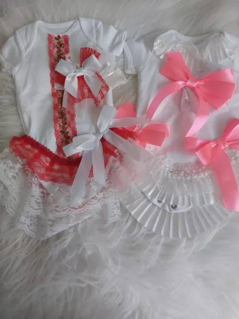 Two Baby Girls Frilly Lace Summer Rompers 0-3 Mths Romany Spanish Bows Lace