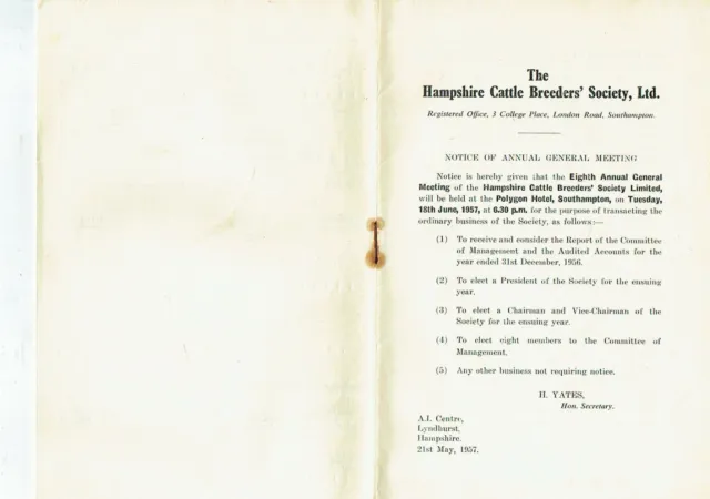 The Hampshire Cattle Breeders' Society Ltd, AGM Annual Report & Accounts 1956