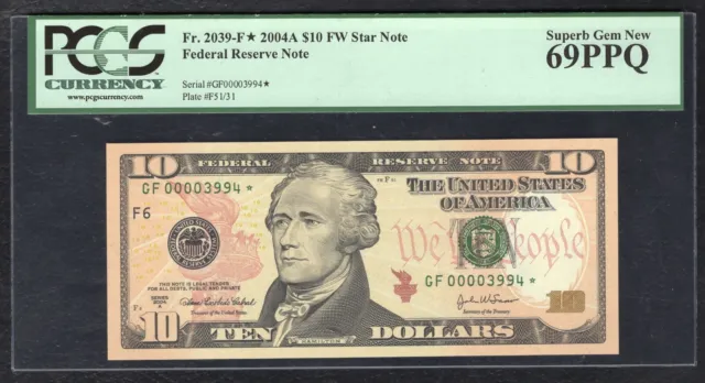 Fr.2039-F* 2004-A $10 *Star* Federal Reserve Note Atlanta, Ga Pcgs Gem Unc-69Ppq