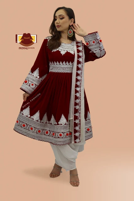 Afghani Kuchi Cherry Velvet and White Chirma Dress Afghani Women Dress #2003