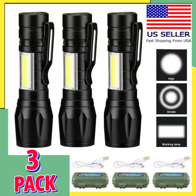 3X Super Bright LED Tactical Flashlight Mini USB Rechargeable Lamp 3 Modes Light