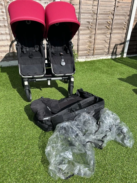 Bugaboo Donkey Duo Pushchair Pram With Ruby Red Hoods Foam Wheels Double Buggy