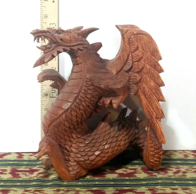 1 -  8.5" Hard Wood, Winged Dragon Sculpture, Hand Crafted Art - Made in Bali