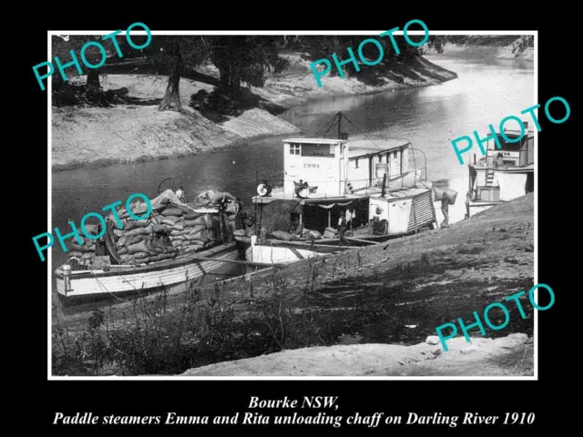 OLD LARGE HISTORICAL PHOTO OF BOURKE NSW PADDLE STEAMERS UNLOADING CHAFF c1910