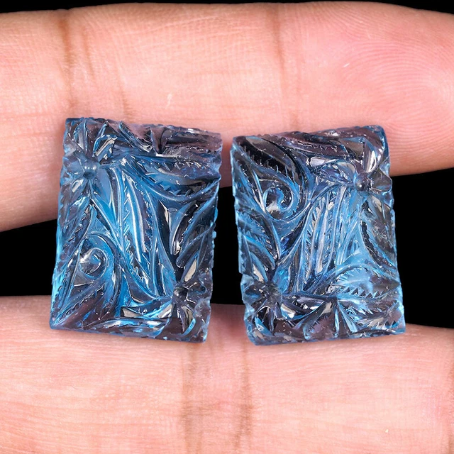 2 Pcs Certified Natural Blue Topaz Pair AAA Quality Rare Moghul Carved Gemstones