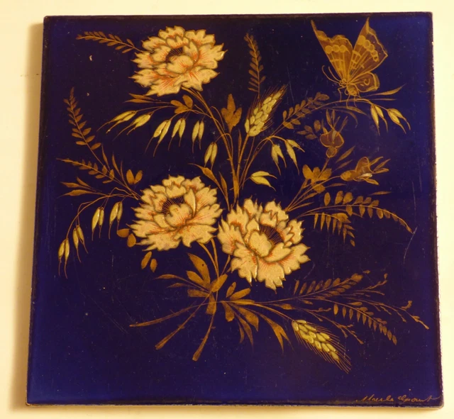 Gorgeous & rare signed handpainted Flower Butterfly Art Nouveau Tile Jugendstil