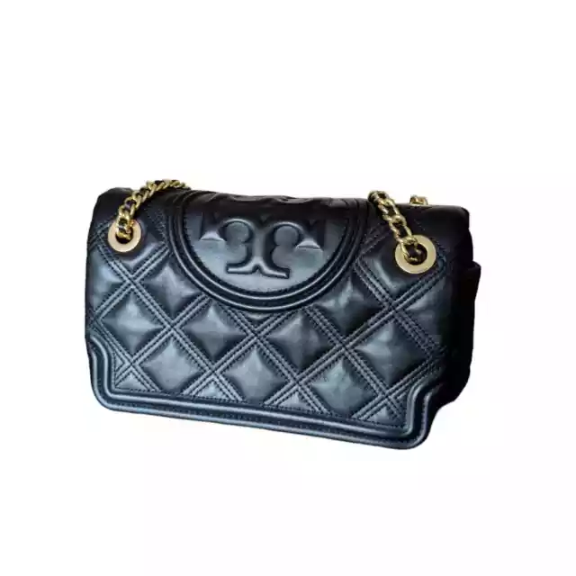 Tory Burch Fleming Black Lambskin Leather Convertible Quilted Mini Shoulder Bag