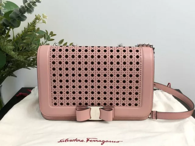 Salvatore Ferragamo Pink Perforate Leather Vara Bow Small Flap Woc Cross Bag