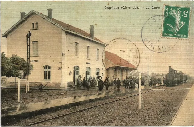 Captieux (33) La Gare. Rare CPA postée en 1911.