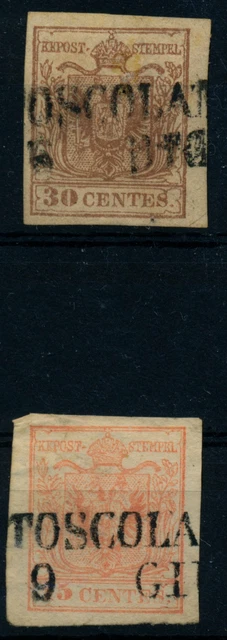 LOMBARDEI-VENETIEN 1850 2MARKE:30C und 15C, beide MP, Type III. TOSCOLANO