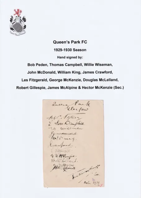 QUEEN'S PARK 1929 McALPINE CAMPBELL PEDEN McKENZIE KING CRAWFORD 12 Autogramme