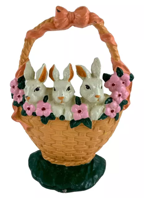 Cast Iron 3 Bunny Rabbits in Flower Basket Statue Doorstop Easter Art Door Stop