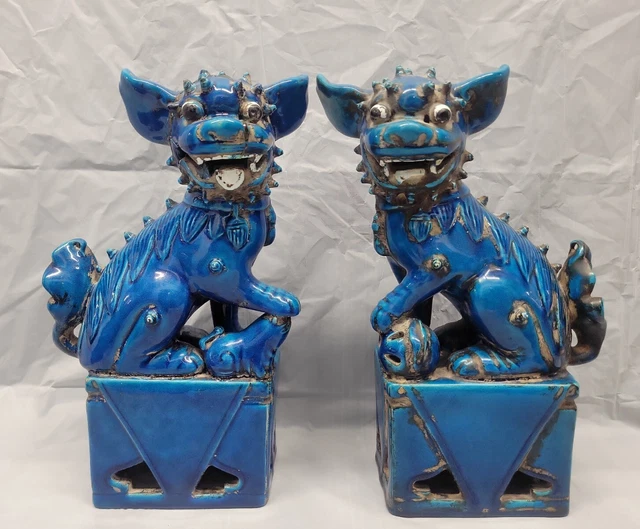 VINTAGE FOO DOG PAIR BY UGO ZACCAGNINI ITALIAN ART POTTERY MAJOLICA 1960s #4463