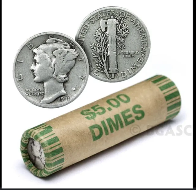 Mercury Dime Roll 90% Silver $5 Face 50 Circulated Mixed Date