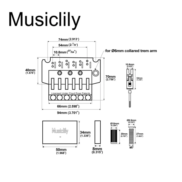 Musiclily Pro Chrome 54mm Tremolo Bridge 34mm Brass Block For Floyd Rose Guitar 2